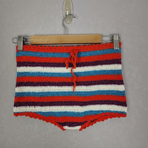 ROSE CARMINE Metallic Crochet-Knit Cotton Stripe Bikini Set Top M/L Bottoms 2 - Picture 3 of 16